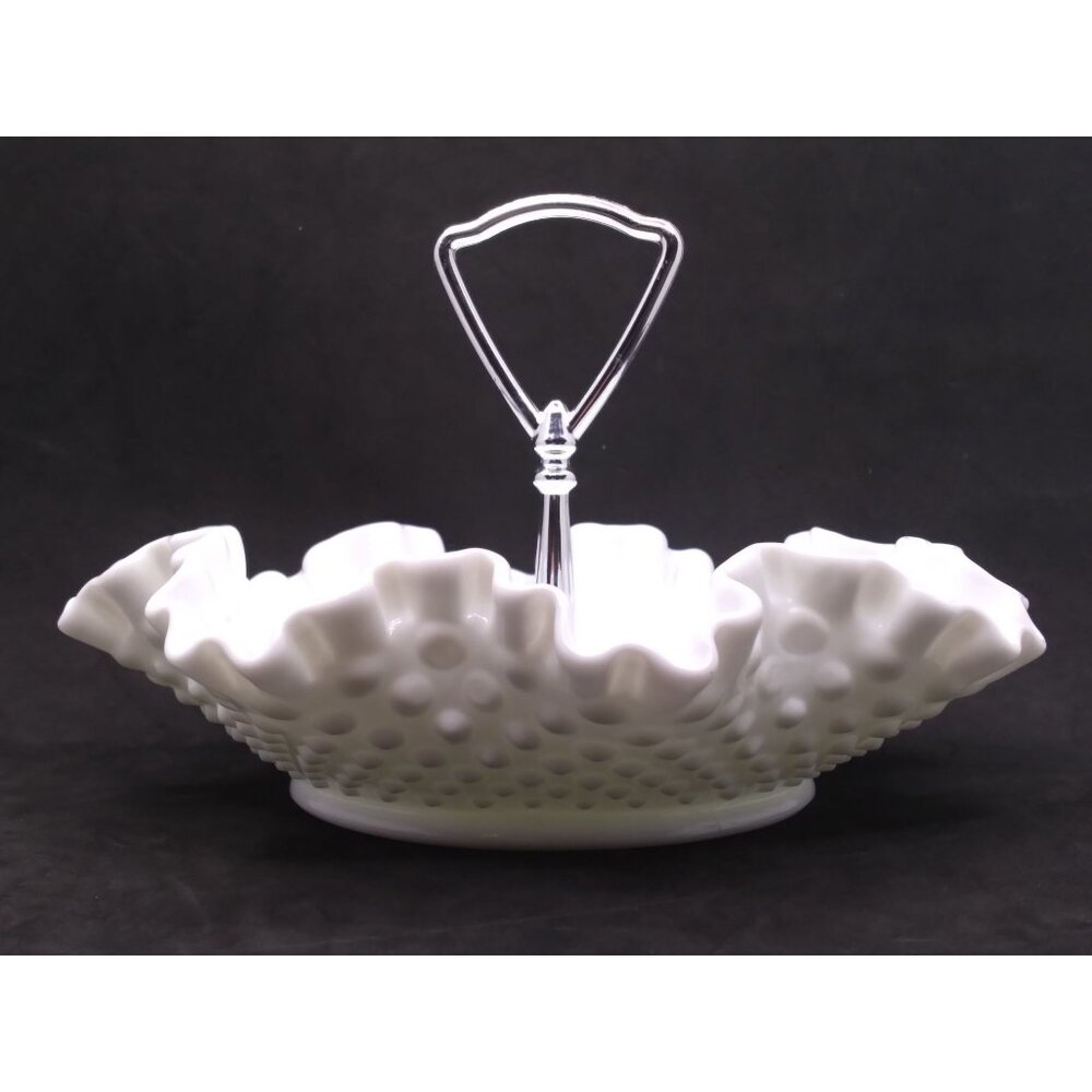 Vtg. Fenton Milk Glass Hobnail Ruffled Edge candy tidbit Bowl silver/Chrome Hand